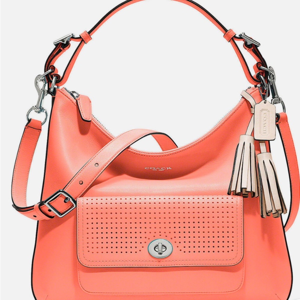 COACH Legacy Perforated Leather Courtenay Hobo Shoulder Bag in Sand/Coral